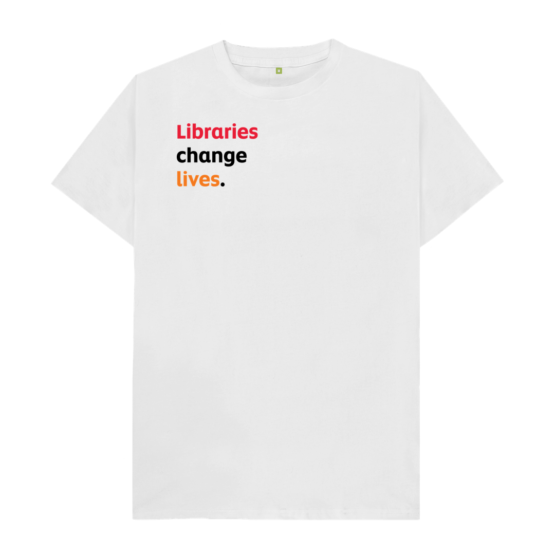 Men's T-shirt – Libraries change lives (white) – scottishbooktrust