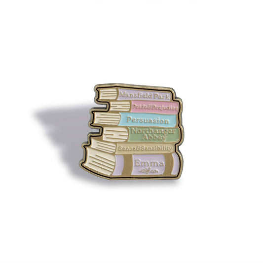 Jane Austen book stack metal pin badge